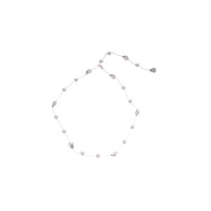 Elegant silver necklace featuring round white pearls and irregular metallic beads in a sleek design