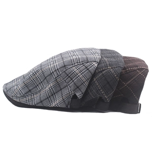 Three-pack vintage plaid flat caps in grey and brown with adjustable side buckles