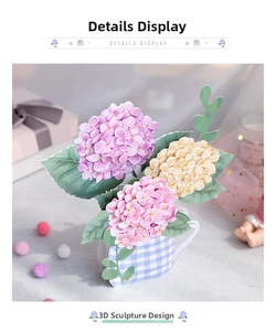 Close-up of 3D pop-up hydrangea card with pink, purple blossoms and blue checkered pot