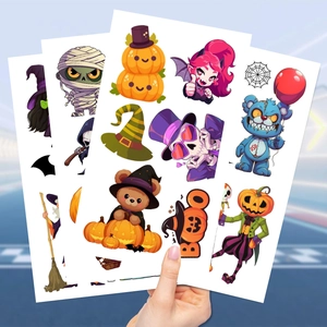 Colorful Halloween cartoon tattoo stickers featuring pumpkin, witch and vampire patterns