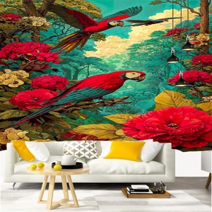 Vibrant jungle mural with red macaws and floral scenery in a modern living room setting