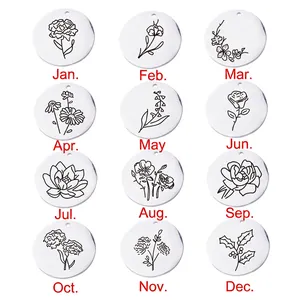 Lot de 12 pendentifs fleurs de naissance en acier inoxydable avec gravures florales