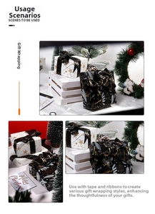 Christmas gift wrapping paper set with star and feather patterns and black mesh ribbon