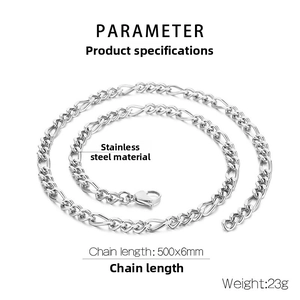 Macro detail of 500x6mm polished stainless steel NK curb chain with size parameters