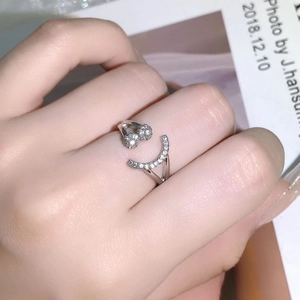 Adjustable silver smiley ring with pave zircons and geometric beads for women