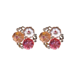 Chic multi-color floral stud earrings with resin petals and sparkling pink crystal centers