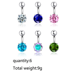 Set of 6 stainless steel belly button rings with multi-color zircon stones for body piercing