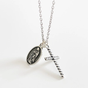 Retro 925 sterling silver necklace featuring vintage Virgin Mary medal and cross pendant