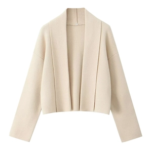 Beige open front chunky knit cardigan for women with wide lapel and drop shoulders