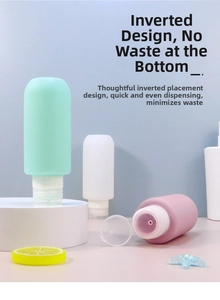 Close-up of 200ml silicone travel bottles featuring a leak-proof inverted design