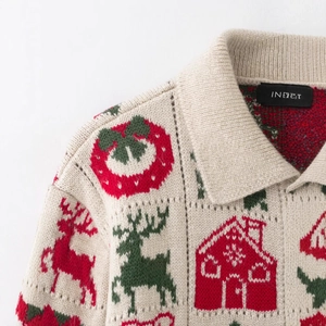 Gilet en tricot pour femme avec motif jacquard renne de Noël et col polo