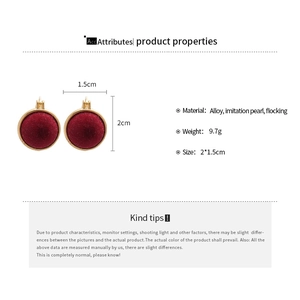 Detail view of red flocking pearl earrings with alloy frame specs and measurements