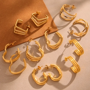 Minimalist 18K gold-plated stainless steel multi-layer geometric hoop earrings set