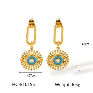 Detailed view of evil eye gold earrings with 3.6cm length and 1.67cm width dimensions