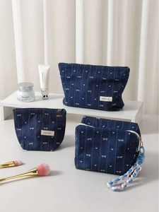 Denim Bowknot Cosmetic Bag Portable Jacquard Fabric Makeup Pouch Women Travel Skincare Organizer Heart Print Zipper