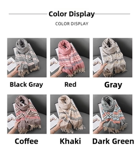Detailed grid view showing six color options of striped knit scarves with fringe tassels