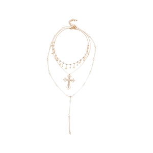 Three-layer gold pendant necklace featuring star with rhinestones and cross pendant charm