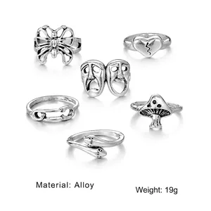 6pcs vintage silver alloy ring set featuring butterfly, mushroom, and snake designs