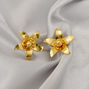 Elegant gold plated stainless steel five-petal flower stud earrings with a polished finish