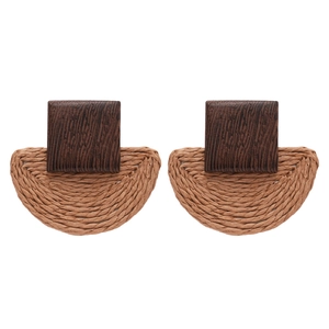 Raffia and wooden square stud earrings with semi-circle woven pendant for women
