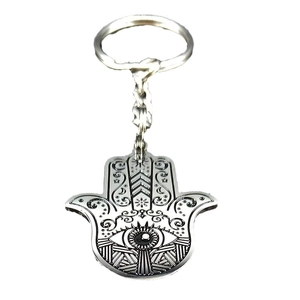 Silver Hamsa Hand keychain in stainless steel with intricate evil eye pattern