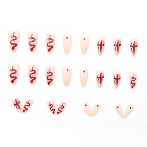 Almond-shaped press-on nails set featuring snakes, crosses, and dark red patterns