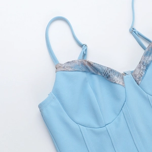 Detail of light blue lace corset top featuring snakeskin trim and structural stitching