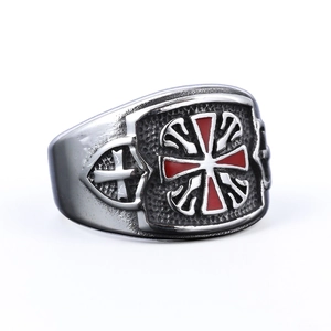 Vintage stainless steel punk ring with red cross enamel design for men's jewelry