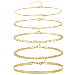 Five-piece set of gold-plated women's anklets featuring snake, bead, and twist chain styles