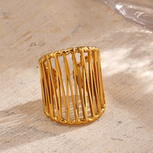 18K gold plated chunky hollow stripe ring with adjustable opening for women
