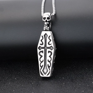 Gothic silver skull and cross coffin pendant necklace with durable snake chain for unisex