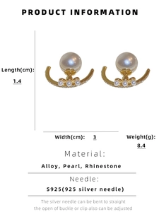 Detailed size specifications for curved pearl and rhinestone stud earrings with S925 silver pins