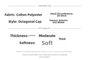 Detailed sizing chart for plaid newsboy cap with cotton-polyester fabric specifications