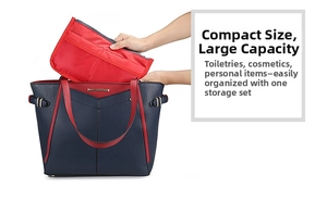 Detail showing the insertion of a red mesh organizer into a navy leather tote bag