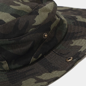Detail of camouflage outdoor hat featuring durable canvas fabric and brass metal snap button