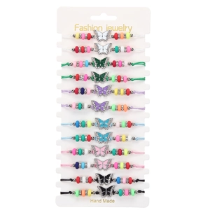 Set of 12 handmade braided butterfly bracelets with colorful crystal beads and rhinestones