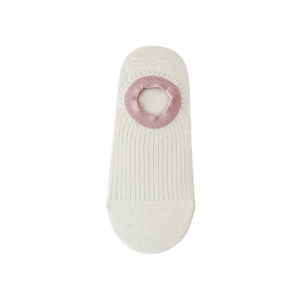 Beige thin cotton no-show socks with pink ribbed cuffs and anti-slip silicone grip