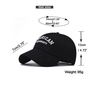 Detail of American University 3D embroidery on black cotton baseball cap with size info
