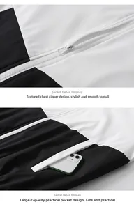 Detail of men's tracksuit jacket showing a textured zipper and large side pocket capacity