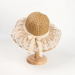 Summer wide brim straw sun hat with white lace trim and bow for women and kids