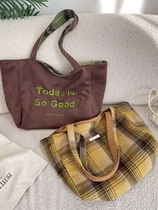 Large reversible tote bag with suede texture, plaid pattern and Today is So Good embroidery