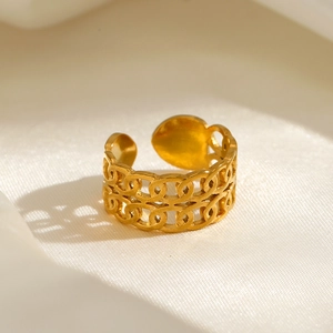 Double Row Chain Ring Stainless Steel Open Adjustable Hollow Geometric Fashion Jewelry For Women