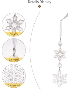 Detailed view of transparent acrylic snowflake ornament with lanyard for Christmas decor
