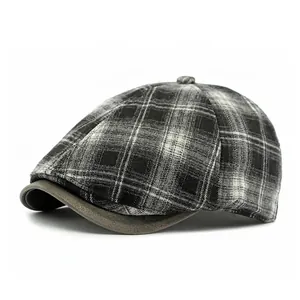 Boina clásica a cuadros británicos para hombre y mujer, gorra plana retro gris de lana