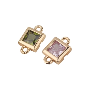 Square geometric gold-plated pendant connector with green and pink zircon stones