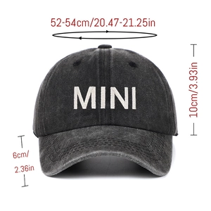 Kids washed cotton baseball cap with MINI embroidery and sizing details for 52-54cm