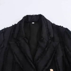 Women's black tweed blazer jacket with double-breasted buttons and frayed edges