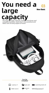Interior view of large capacity black backpack showing storage space for laptop and books