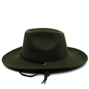 Dark green wool felt fedora hat with black woven cord and adjustable wind strap