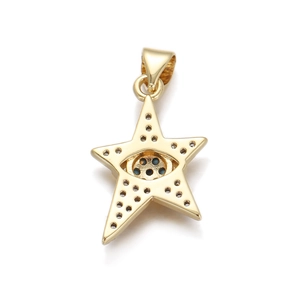 Detailed close-up of a gold-plated star pendant with a zircon evil eye center charm